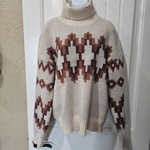Cream and Brown Patterned Turtleneck Sweater